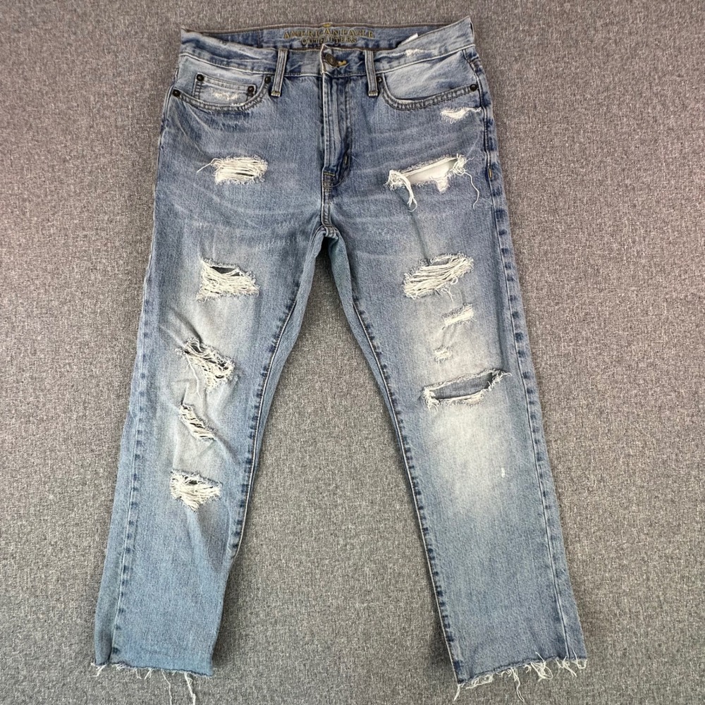 American Eagle Jeans Mens 30x30 Slim Light Wash Distressed Raw Hem Cotton GOOD
